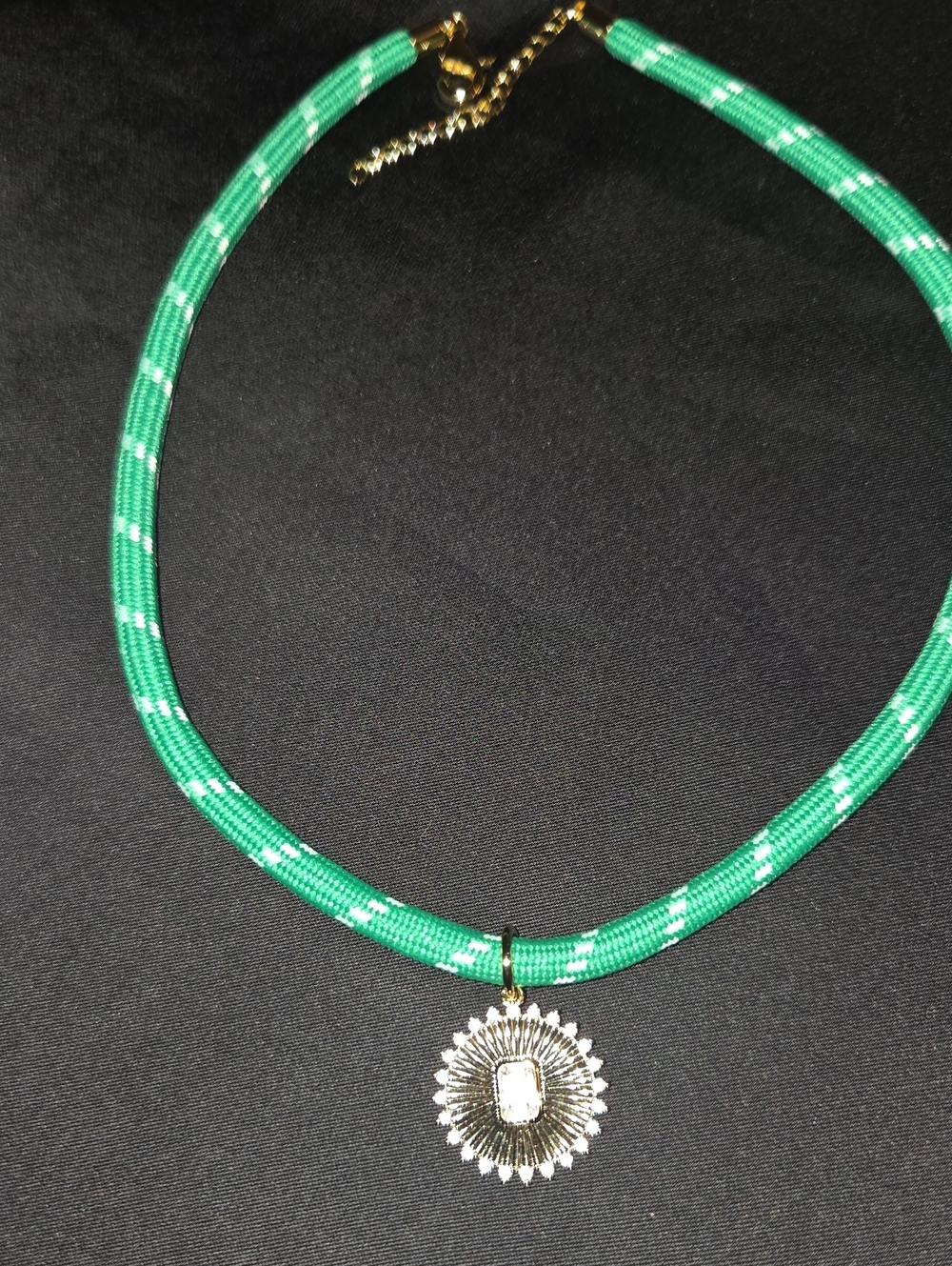 Green Rope Necklace with Sunburst Pendant